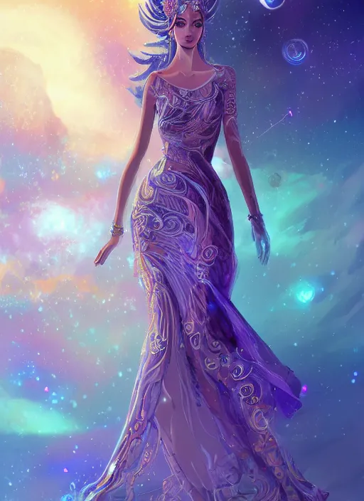 Prompt: a highly detailed illustration of elegant goddess wearing cosmic galxaxy patterned dress, elegant floating pose, beautiful detailed figure, nebula background, intricate, elegant, highly detailed, centered, digital painting, artstation, concept art, smooth, sharp focus, league of legends concept art, wlop