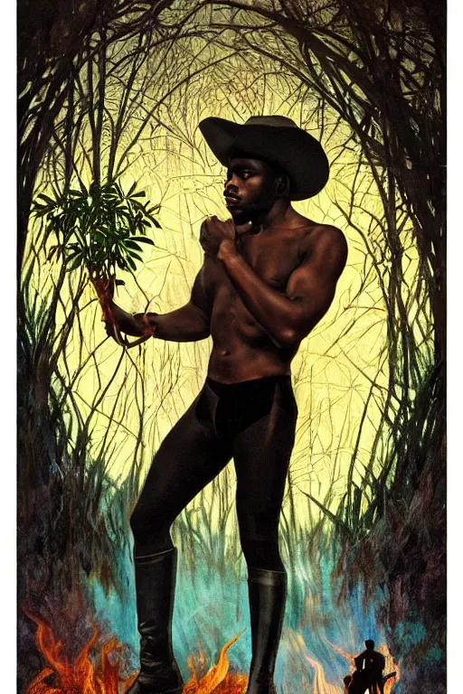 Prompt: a dramatic ethereal epic painting of a handsome black cowboy offering a small plant | he is shirtless and wearing a hat and boots | background is a forest on fire | tarot card, art deco, art nouveau, homoerotic | by Mark Maggiori and Alphonse Mucha | trending on artstation