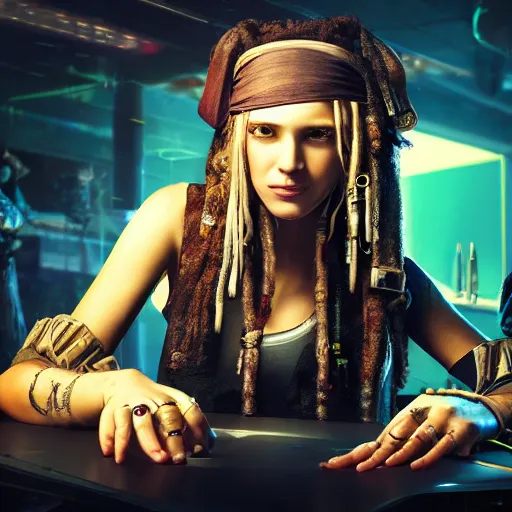 Image similar to a high quality portrait of a beautiful pirate in a cyberpunk cyberpunk cyberpunk cafe, realism, 8k, award winning photo