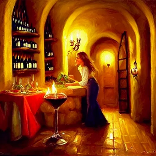 Image similar to wine cellar full of food, torches on the wall, schnapps, romantic, inviting, cozy, blonde woman, painting Vladimir Volegov