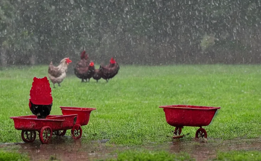 Prompt: a scene with a red wheel barrow where chickens are walking around in the rain.