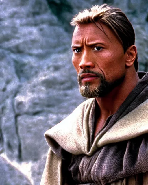 Image similar to Film still close-up shot of Dwayne Johnson as Obi-Wan Kenobi from the movie Return of the Jedi. Photographic, photography