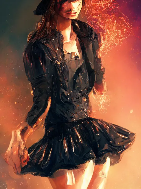 Prompt: digital illustration of a girl with eyes that burn like cigarettes wearing a short skirt and a long jacket with fingernails that shine like justice, dramatic lighting, photorealistic, full body shot, full body portrait, extreme detail, 4 k, colorful, artgerm and craig mullins, detailed face, m f / 2. 8