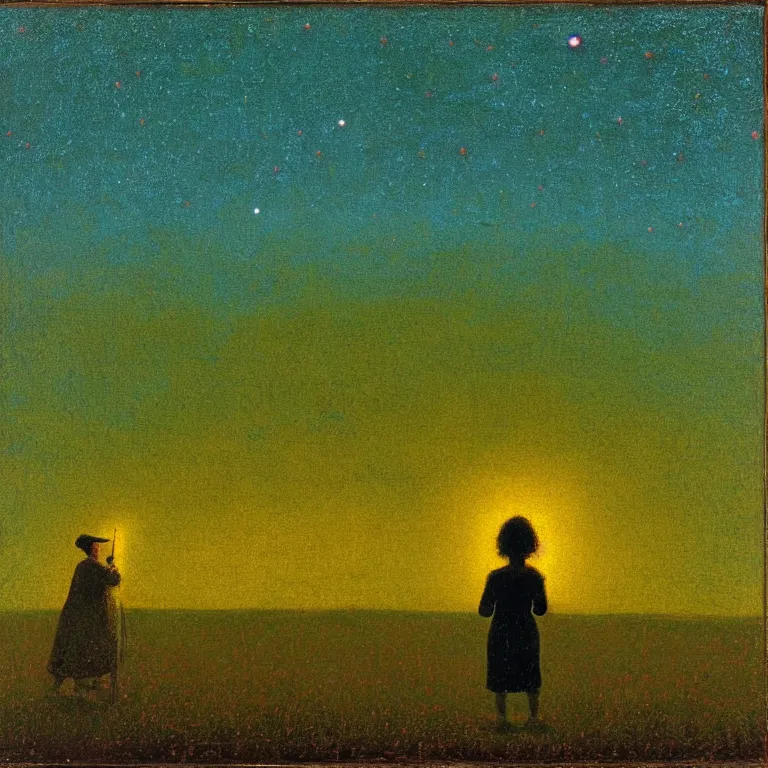 Prompt: a small figure standing on grassy field staring at the stars, warn lighting, glowing, arkhip kuindzhi painting, teal palette, eschaton