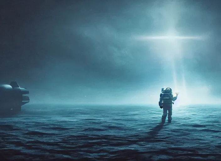 Image similar to astronaut holding a flag in an underwater desert. a submarine is visible in the distance. dark, concept art, cinematic, dramatic, atmospheric, 8 k, trending on artstation, blue, fish, low visibility, fog, ocean floor, christopher nolan, interstellar