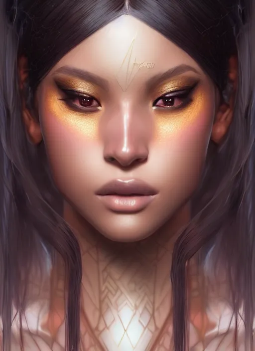 Image similar to portrait of mystic model, sharp focus, octane render, brown skin, realistic render, ffxi, rpg, detailed, beautiful, game, unreal engine, symmetrical!!, maybelline, sephora, loreal, artstation, art by artgerm, rossdraws, art by karol bak, makeup, cinematic, concept art, filmic, vsco