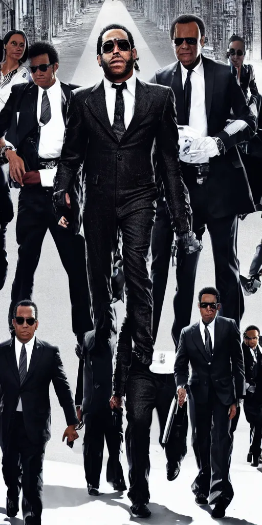 Image similar to lenny kravitz as men in black agent, only one head on the picture, dynamic movie still, detailed 8 k photorealistic portrait, imdb poster style