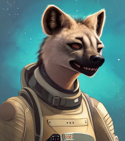 Image similar to digital detailed portrait of anthromorphic female hyena, in style of zootopia, fursona, furry, furaffinity, 4 k, deviantart, wearing astronaut outfit, in style of disney zootopia, floating in space, space background, in deep space, dark background, hyena fursona, cyberpunk, female, detailed face, style of artgerm,