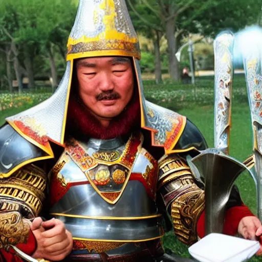 Image similar to Genghis Khan dressed in full armor plays his Nintendo DS while crying cause he’s bad at Pokemon