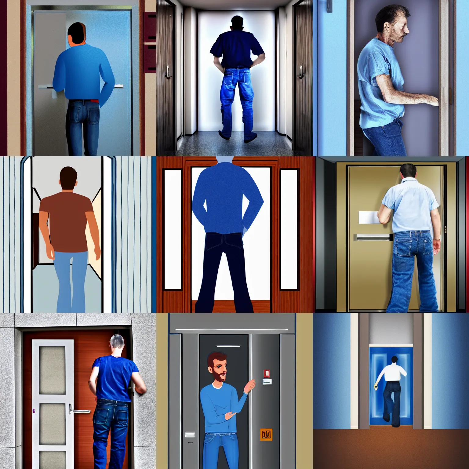 Prompt: a man wearing blue jeans entering a hospital door, high quality, digital art