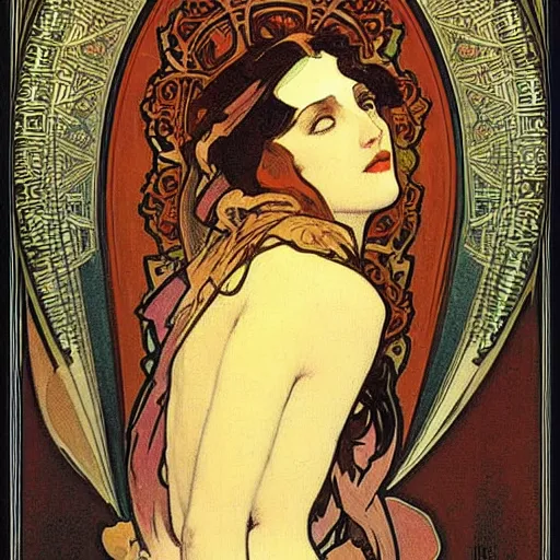 Prompt: Woman, by Alphonse Mucha.