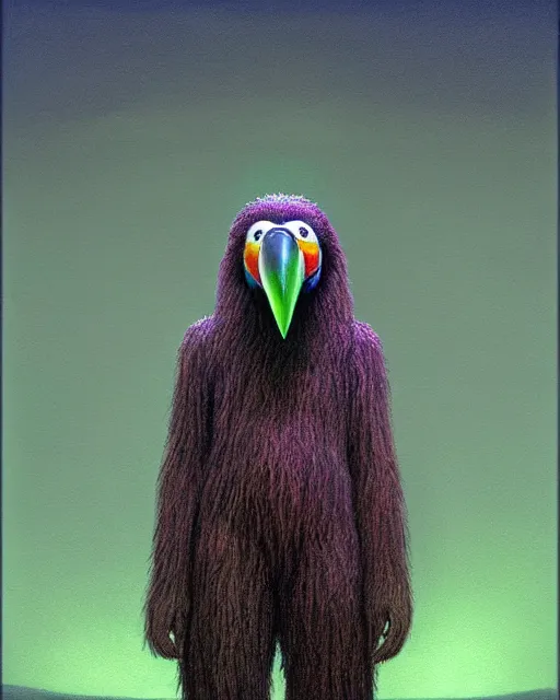 Prompt: realistic surreal painting of a bipedal sloth character, long curly fur, full skull shaped face cover, mage robe based on a toucan, 6 toucan beaks, in the style of zdzislaw beksinski, stylized, video animation, hogwarts legacy, chromatic aberration, super natural, neon glow