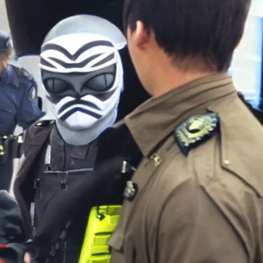 Prompt: a tokusatsu character getting arrested