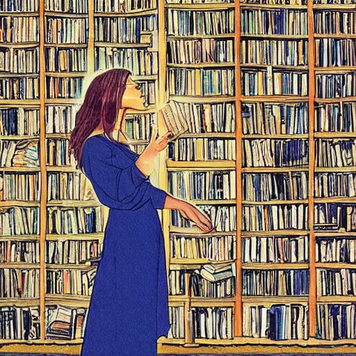 Prompt: the moment of enlightenment for an female android in a room of books