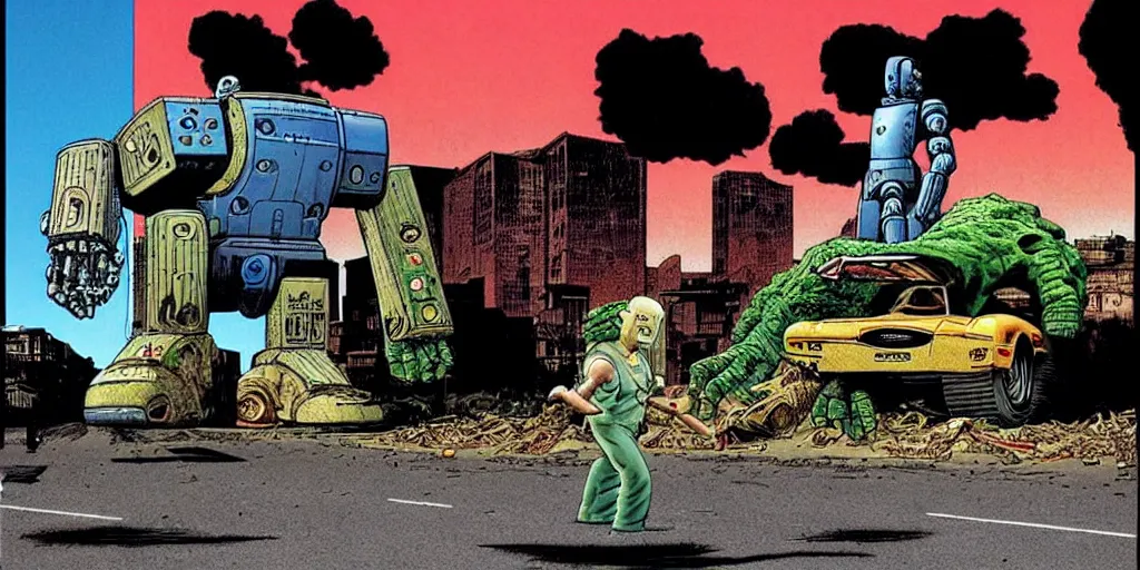 Prompt: Giant robot walking down a street while smoking giant blunt, a crushed car is under the foot of the giant robot by Richard Corben