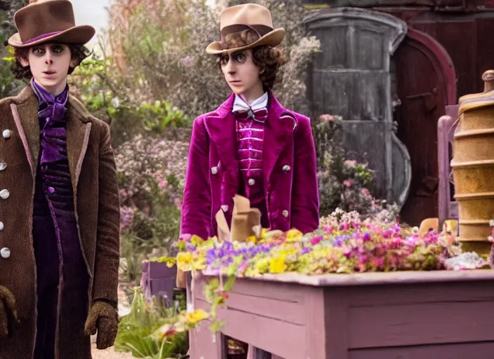 Image similar to film still of Timothée Chalamet as Willy Wonka in new Willy Wonka movie, 4k