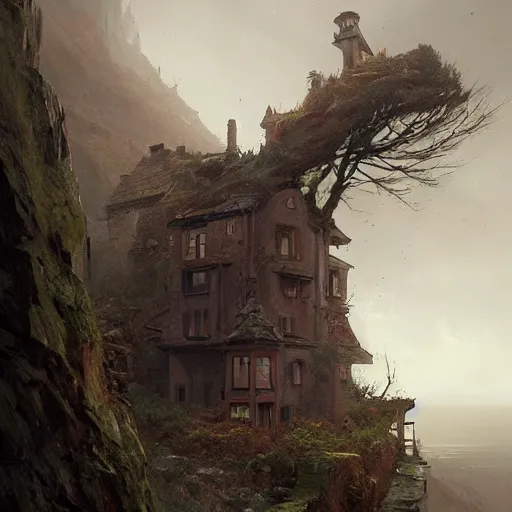 Image similar to unkind haunted house that hasn't been maintained properly sitting atop a narrow cliff on a bouncy hillside, overlooking a grim ocean, digital painting by greg rutkowski and gaston bussiere, trending on artstation, cgsociety contest winner, zbrush, intricately defined, comprehensive art, 4 k