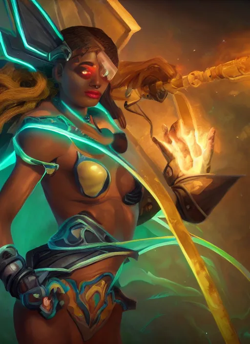 Image similar to senna from league of legends, au naturel, firing a giant weapon, with abs, brown skin, glowing green neon eyes, wearing white robe, digital art, trending in artstation, cinematic lighting, studio quality, smooth render, unreal engine 5 rendered, octane rendered, art style by klimt and nixeu and ian sprigger and wlop and krenz cushart