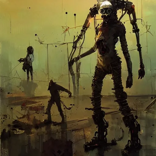 Prompt: the last wanderer of earth, post - apocalyptic wasteland, wires cybernetic implants, in the style of adrian ghenie, esao andrews,