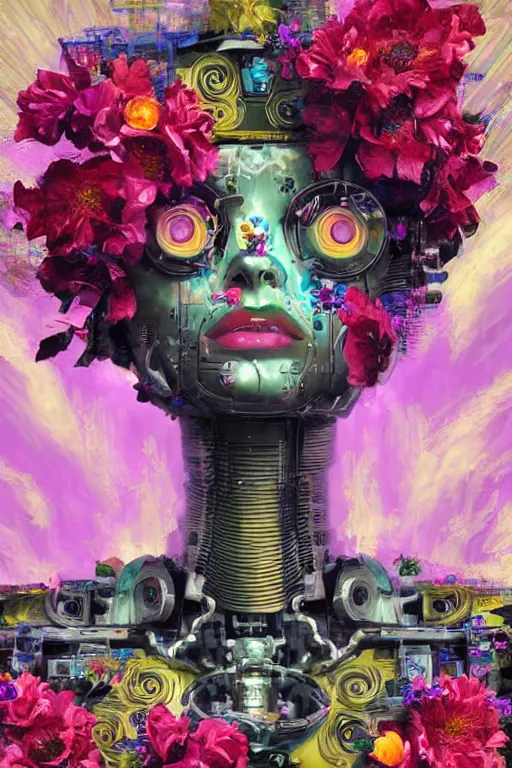 Prompt: a digital painting of a robot with flowers, cyberpunk art by Vladimir Tretchikoff, cgsociety, panfuturism, made of flowers, oil on canvase, dystopian art, vaporwave