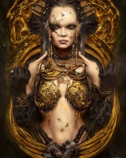 Image similar to concept art, Briana Banks, beautiful, frank frazetta, ornate, art nouveau, symmetrical, gold jewelry, high contrast, unbiased render, Emil melmoth, eerie, haunting, victorian, 8k, octane render, style of Gustav Klimt, head and shoulders