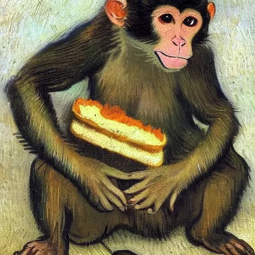 Image similar to a beautiful oil painting of a beautiful young monkey eating a rat sandwich , 8k , award winning , made in 1800's , old , painted by vincent van gogh