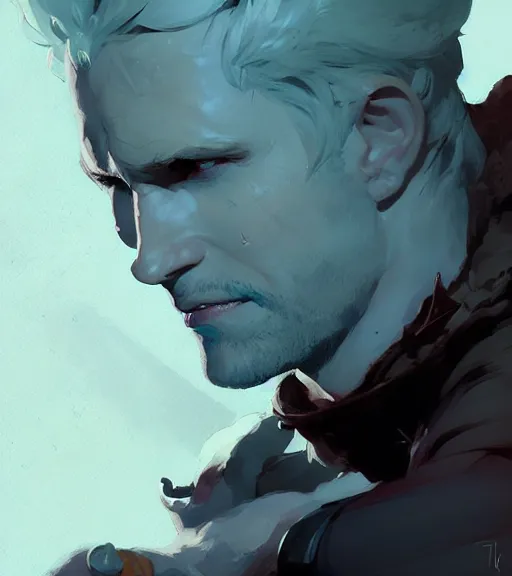 Image similar to portrait of cullen from dragon age fighting a demon by atey ghailan, by greg rutkowski, by greg tocchini, by james gilleard, by joe fenton, by kaethe butcher, dynamic lighting, gradient light blue, brown, blonde cream and white color scheme, grunge aesthetic