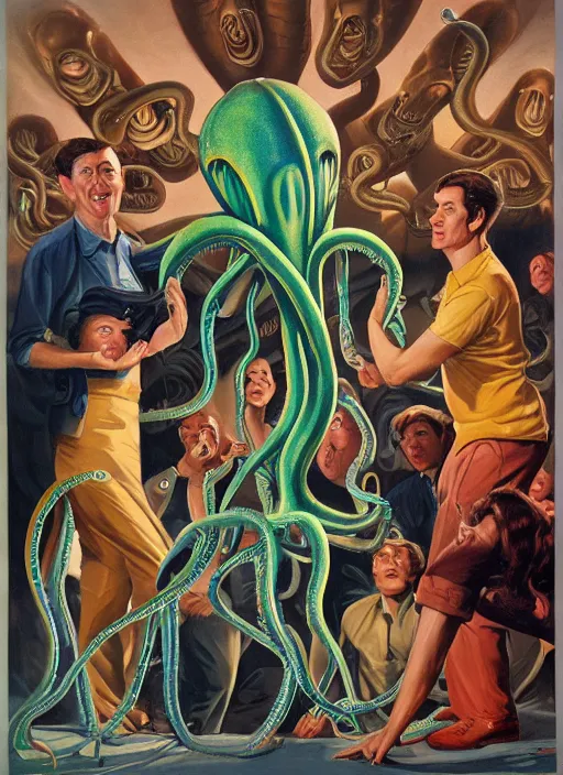 Image similar to a group of people standing around a cardboard box full of tentacled alien babies, an ultrafine detailed painting by john philip falter, shutterstock, american scene painting, movie still, concert poster, poster art