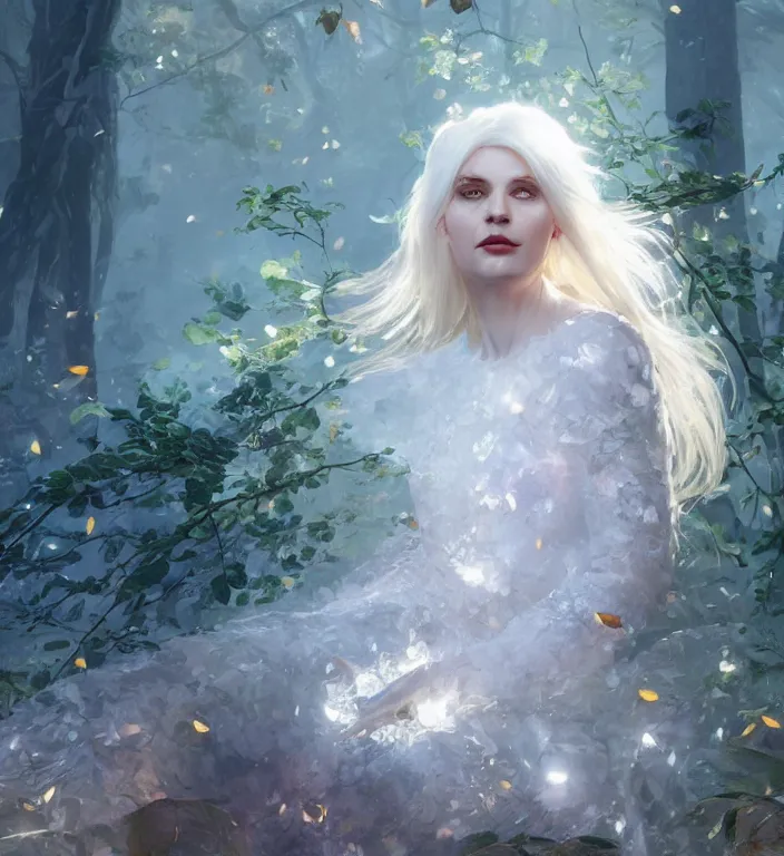 Image similar to portrait of a white haired woman wearing a crystal dress, autumn leaves falling, dramatic volumetric lighting, god rays, global illumination, soft, sharp focus, sci-fi, ivy, moss, trending on artstation, intricate concept art by Greg Rutkowski and artgerm and Ruan Jia and Alphonse Mucha