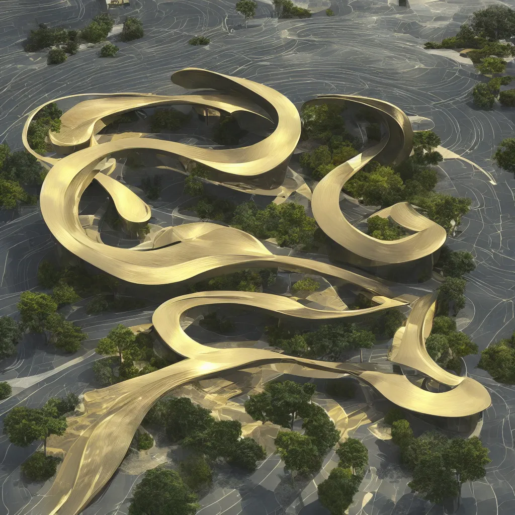 Prompt: “ an incredibly smooth curvilinear architectural complex spatial sculpture, unfolding continuously golden surfaces enclose a visually interesting japanese zen garden designed by zaha hadid, architecture render, vray ”