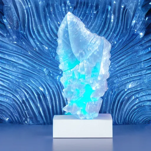 Image similar to abstract carved crystal sculpture made of blue ice, nebula background, 4k