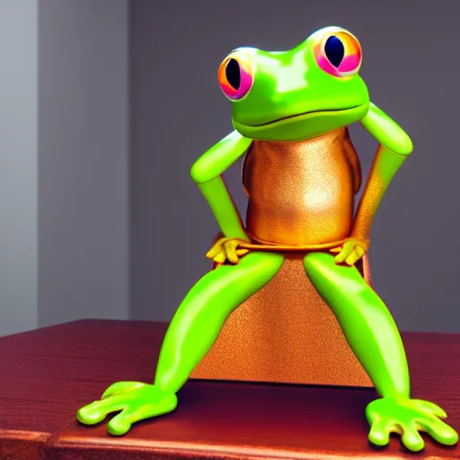 Prompt: octane render of a pink anthropomorphic frog wearing a golden set of armor sitting in a desk at an office,