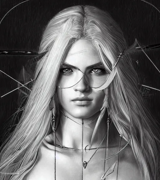 Image similar to portrait of beautiful aphrodite goddess as an archer warrior, arrow, beautiful piercing eyes, flowing blonde hair, realistic face, black and white drawing, in the style of greg rutkowski, fantasy, amazing detail, epic, intricate, elegant, smooth, sharp focus