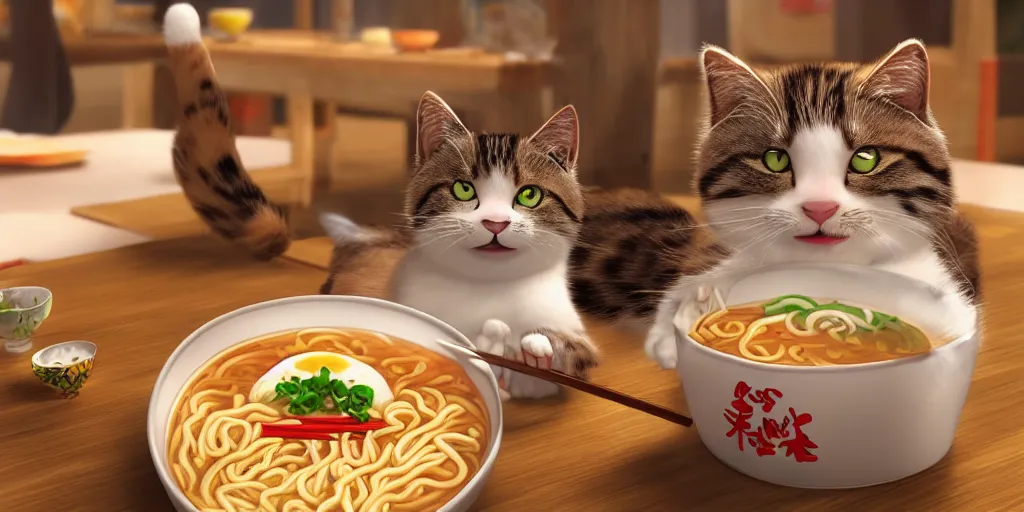 Prompt: A happy cat holding chopsticks and eating a bowl of ramen, hyper realistic, insane detail, Pixar