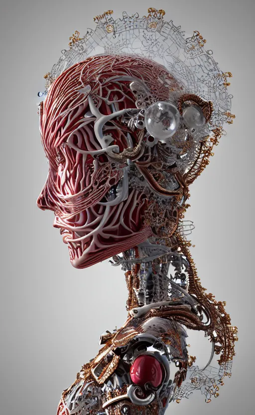 Image similar to complex 3d render ultra detailed of a beautiful porcelain profile woman face, mechanical cyborg, 150 mm, beautiful 3 point lighting, rim light, silver gold red details, luxurious magnolia with leaves and stems, roots, Alexander Mcqueen haute couture, fine foliage lace, mesh wire, filigran intricate details, hyperrealistic, mandelbrot fractal, anatomical, robotic parts, facial muscles, cable electric wires, microchip, elegant, octane render, 8k post-processing