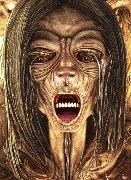 Image similar to portrait of zendaya with a little alien head for a tongue, necronom v, painting by h. r. giger