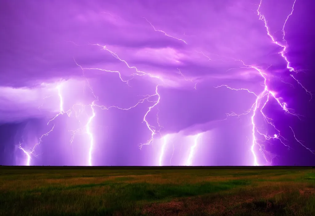 Prompt: purple color lighting storm with a tornado on the ground