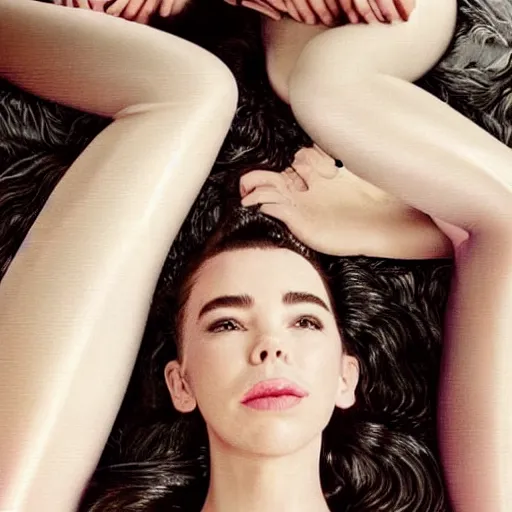 Image similar to stunning vogue magazine photo of dark - haired goddesses vanessa kirby, hailee steinfeld, and bjork smiling, legs intertwined, laying back on the bed, surrounded by adult toys, with wet faces!!, wet lips, smooth skin, perfect eyes, insanely detailed, elegant, by wlop, rutkowski, livia prima, mucha, wlop,