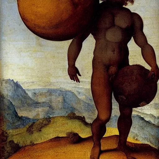Image similar to a painting of atlas carrying the earth on its shoulders by Leonardo da vinci