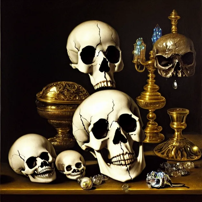 Image similar to still life painting of a skull with neon glowing crystal eyes, surrounded by various crystals, by pieter claesz, oil on canvas, strong lighting, highly detailed, hyper realism, golden hour, god rays, hd, 4 k