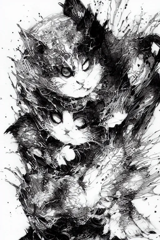 Prompt: evil kitten vampire, pen and ink, intricate line drawings, by Yoshitaka Amano, Ruan Jia, Kentaro Miura, Artgerm, watercolor