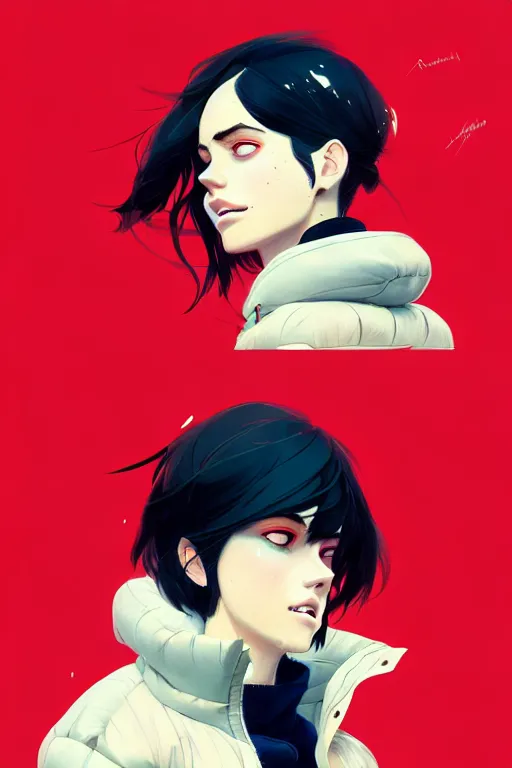 Prompt: a ultradetailed beautiful painting of a stylish woman in a puffer jacket, she has short black hair with bangs, by conrad roset, greg rutkowski and makoto shinkai trending on artstation