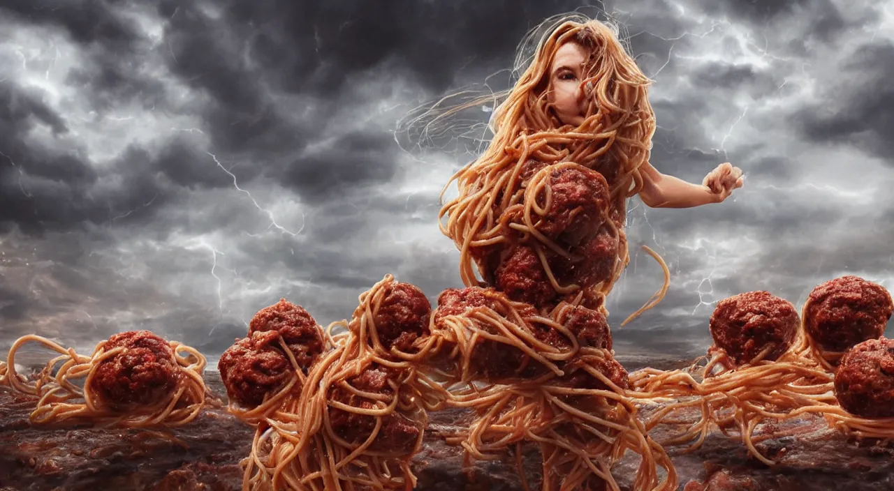 Image similar to 3 0 perfect woman bodies flying inside spaghetti bolognesa with meatballs and hundred rusted perfect woman bodies flying in stormy clouds by, fantasy art, photo realistic, dynamic lighting, artstation, poster, volumetric lighting, very detailed faces, 4 k, award winning, hyper - realism