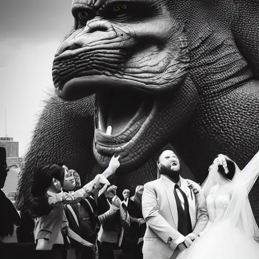 Image similar to king kong and godzilla get married, high resolution, great detail, wedding photography,