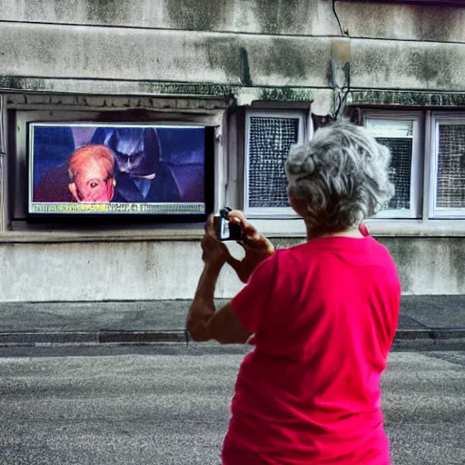 Image similar to taking a photo of an old woman with the screen showing scary realistic aliens, background showing old lady