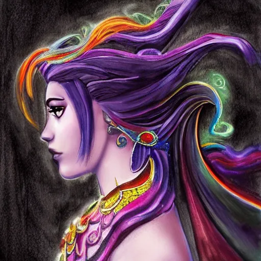 Prompt: side_profile_centered_painted_portrait_Maya_Ali_as_a_storm_sorcerer_colourful_pretty_face_intricate_eyes_beautiful_elegant_Animeby - H704 - C14.0
