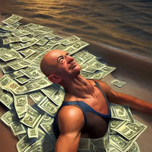 Image similar to jeff bezos swimming in a pool of cash, 4 k, photography, extremely detailed, digital art, trending on artstation, greg rutkowski, cinematic lighting, hyperrealistic