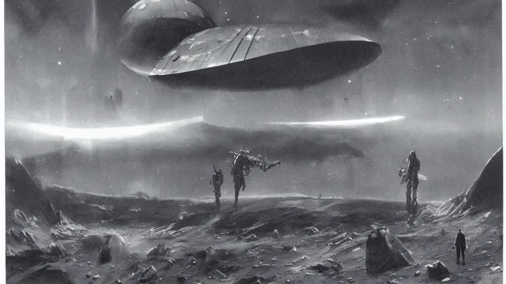 Image similar to eerie atmospheric alien planet with a small dropship pod landing by jack gaughan and john schoenherr, epic cinematic matte painting