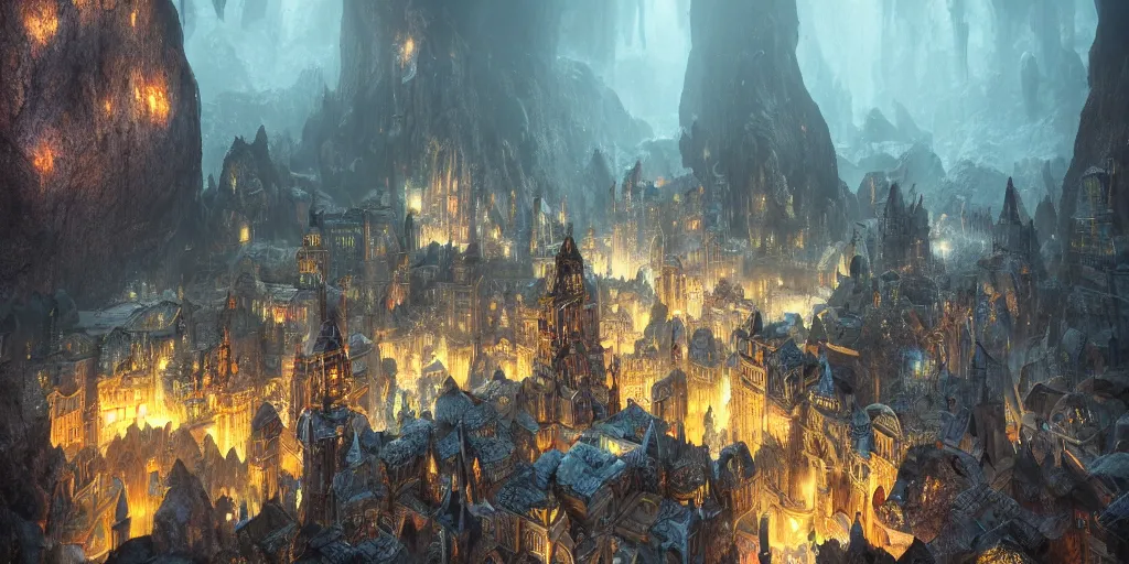 Image similar to A shining dwarven city in a dark, rainy and gloomy cavern, fantasy digital art, octane render, beautiful composition, trending on artstation, award-winning photograph, masterpiece