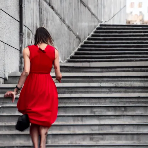 Image similar to a girl in a red dress walking up stairs